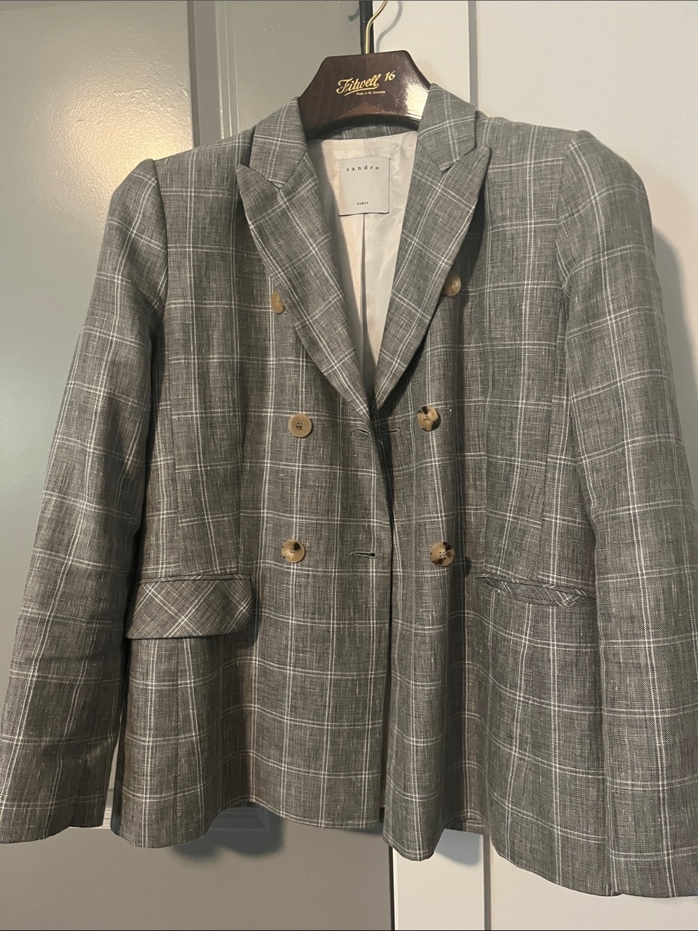 Sandro Gray Windowpane Double-Breasted Blazer